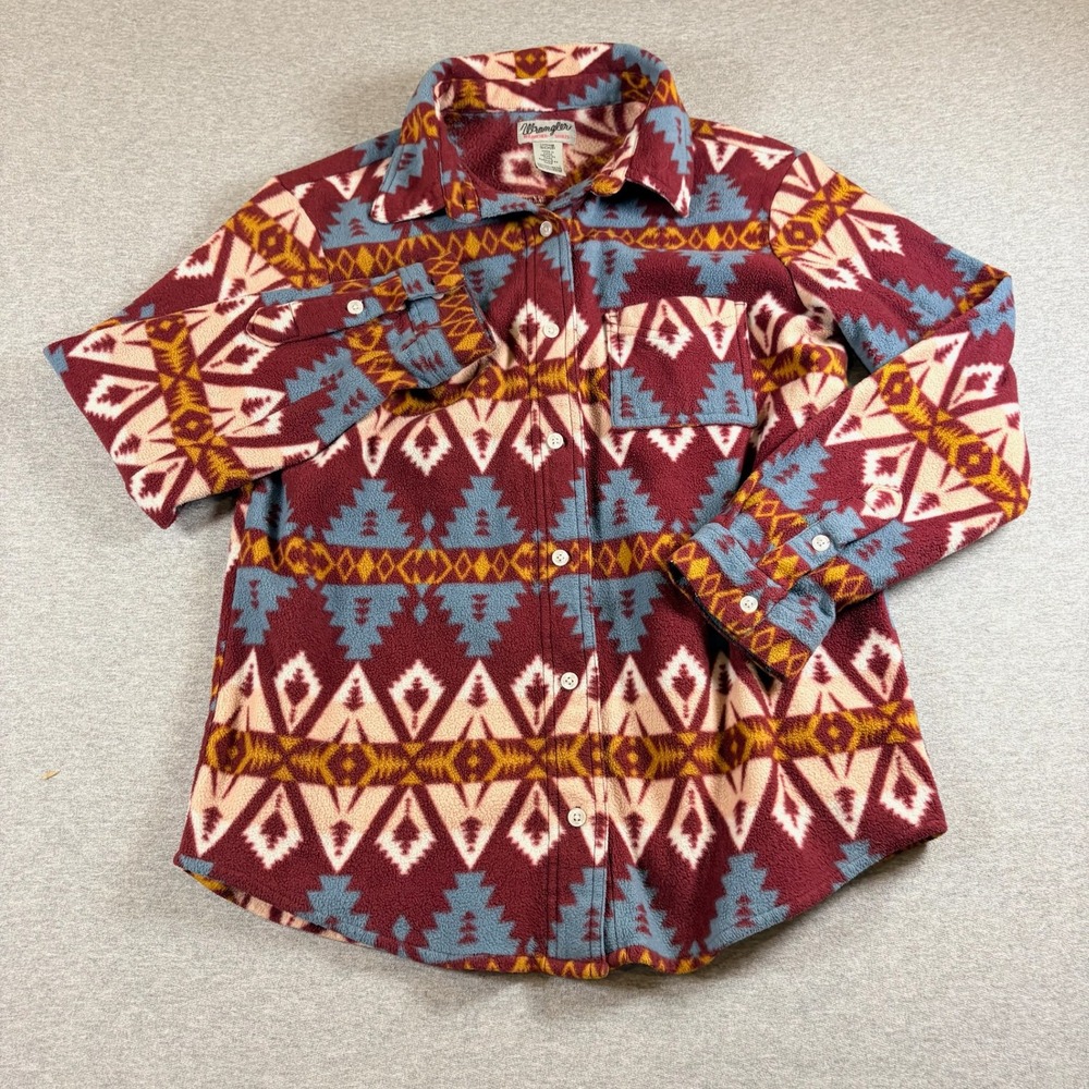 Wrangler Fleece Shirt Womens Small Burgundy Southwestern Geometric Wrancher